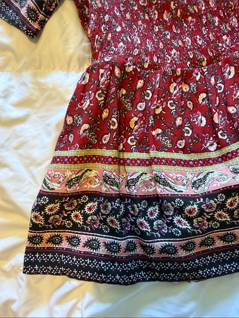 Maurices Red Floral Smocked Round-Neck Blouse with Paisley Border - Picture 5 of 7